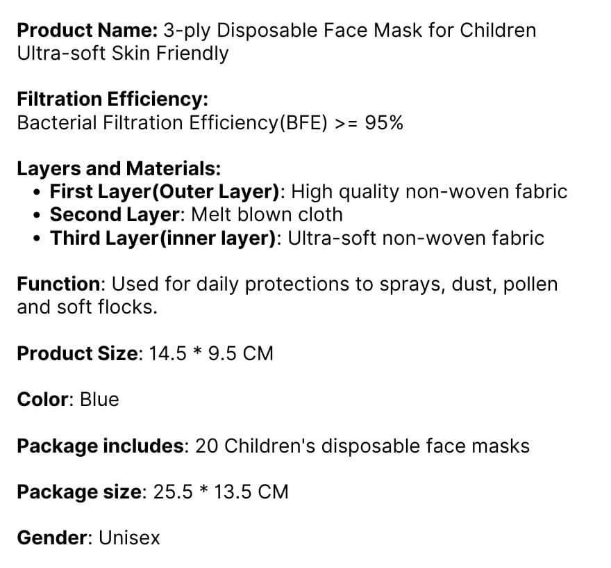 Blue 3-Layer Disposable Face Mask for Children Ultra-soft Skin Friendly ...